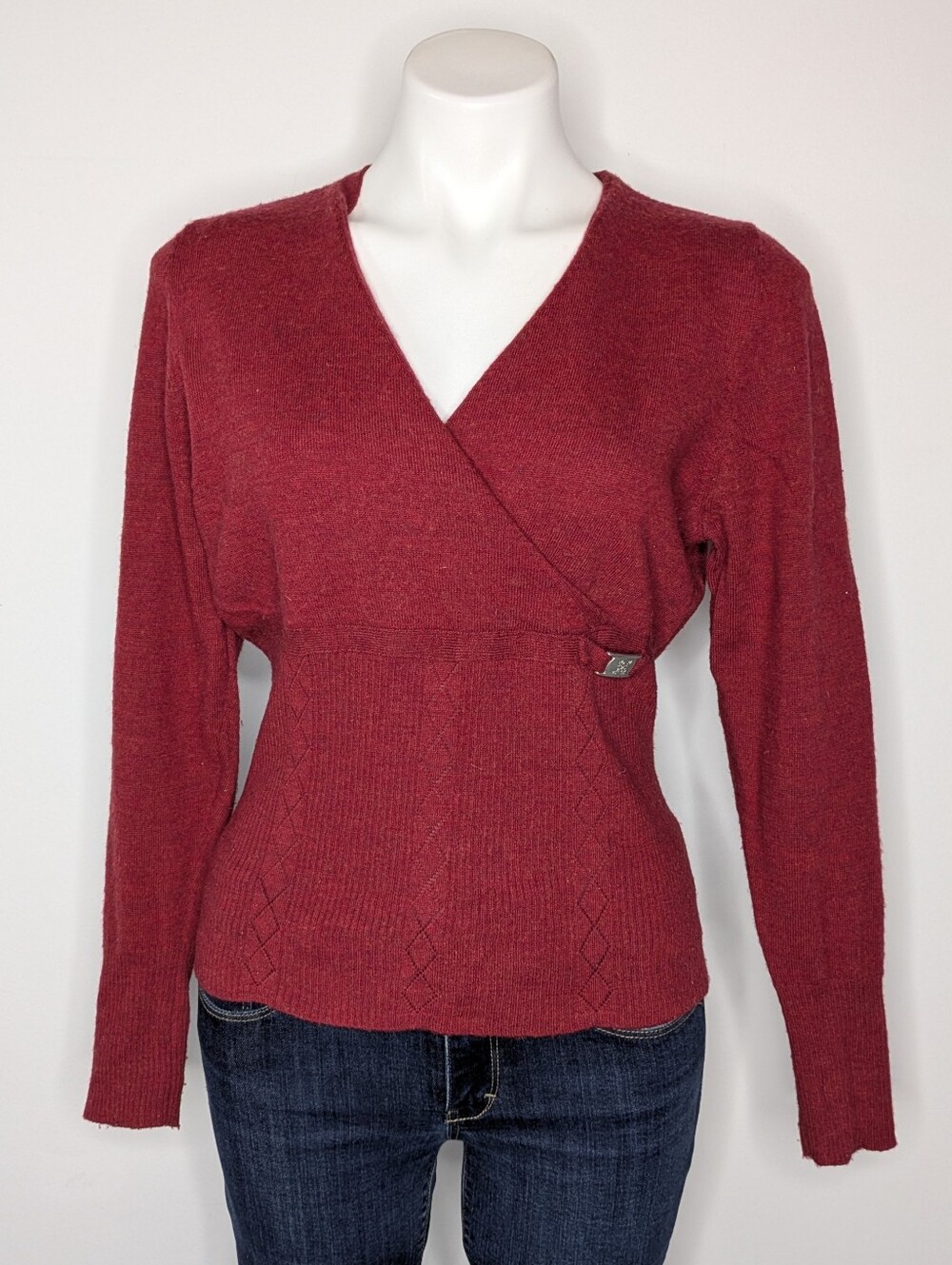 Vintage Carol Little Red Buckle Accent Long Sleeve V Neck Merino Wool Sweater L
